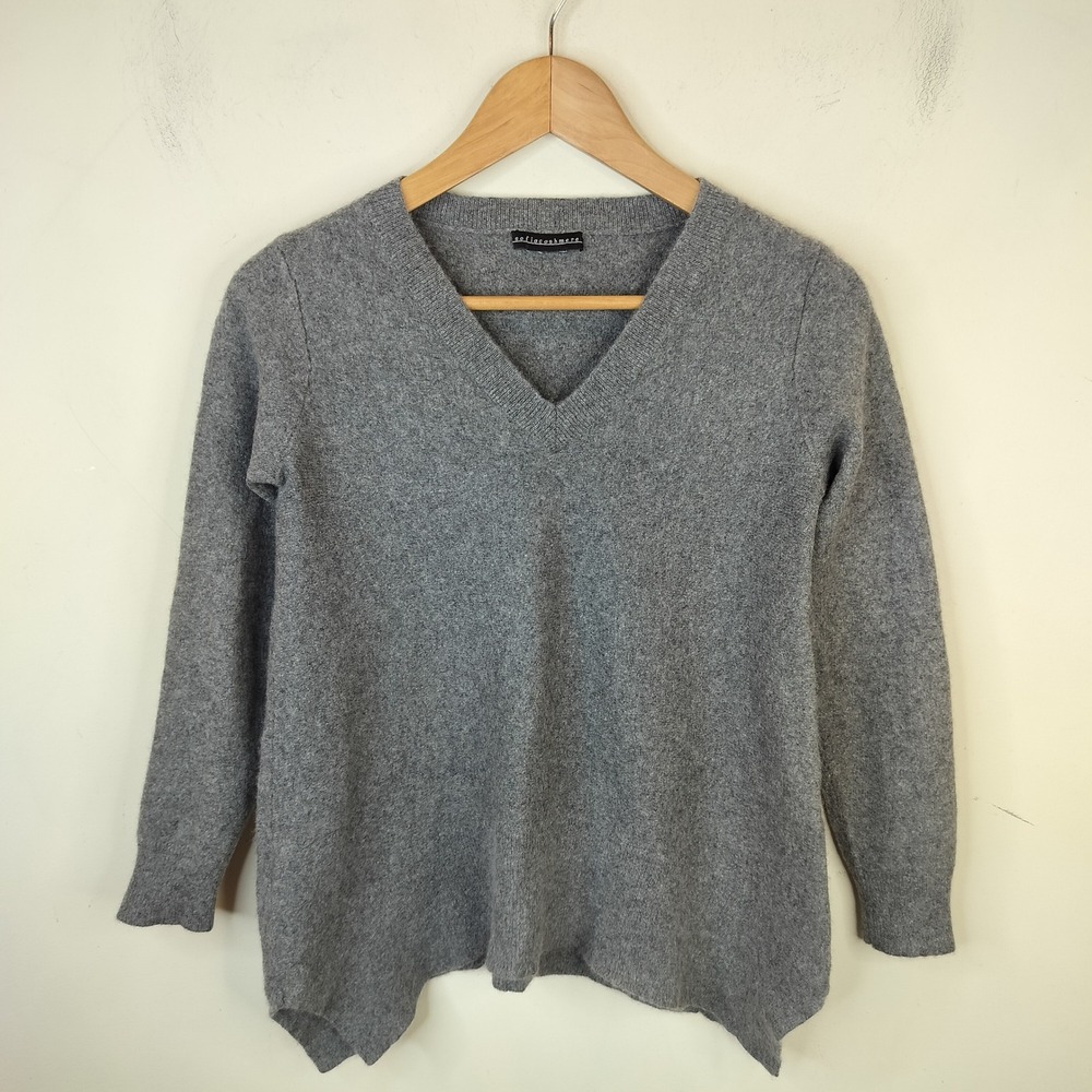 Sofia Cashmere Sweater Petite XS Womens Small Sharkbite Hem Minimalist Gray